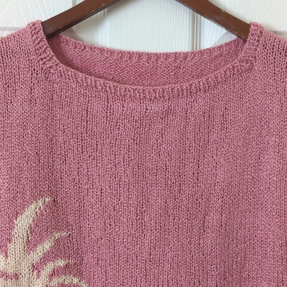 90's Vintage Palm Tree Jacquard Knit Boxy Boat Neck Short Sleeve Sweater Mauve M - Picture 2 of 9